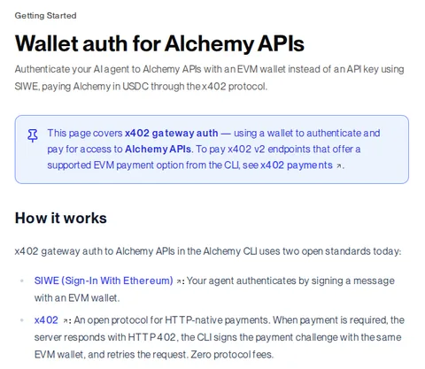 Alchemy docs: pay Alchemy in USDC through the x402 protocol (wallet auth)
