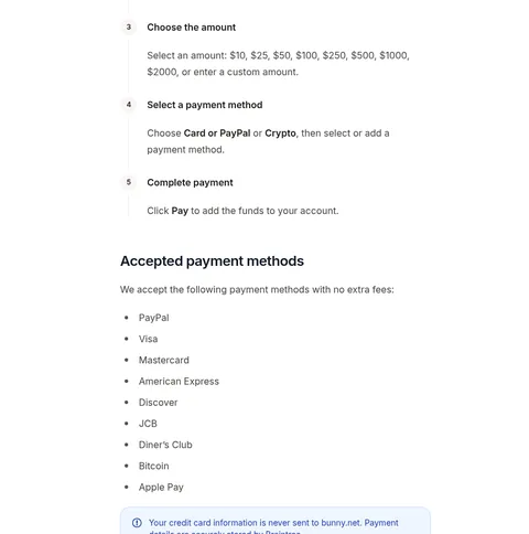 Payment options on bunny.net