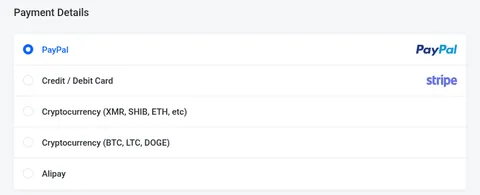 BuyVM checkout: two cryptocurrency payment options (BTCPay Server and Cryptomus)