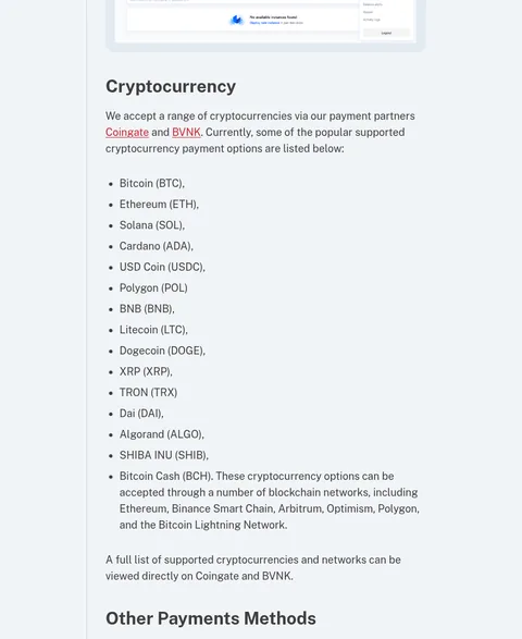 Cherry Servers docs: available payment methods (cryptocurrency via CoinGate and BVNK)