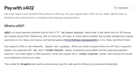 Exa docs: Pay with x402 — USDC on Arc, Base, World Chain or Solana