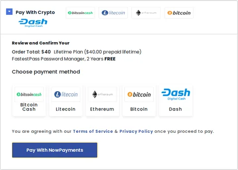 FastestVPN order page: Pay With Crypto option (Bitcoin Cash, Litecoin, Ethereum, Bitcoin, Dash) via NOWPayments