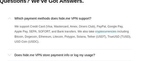 hide.me pricing FAQ: accepted cryptocurrencies