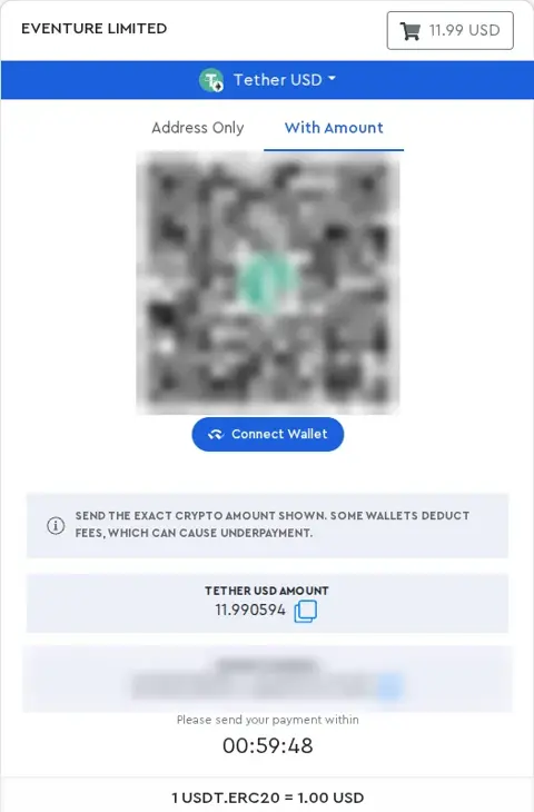 hide.me checkout via CoinPayments: USDT.ERC20 (Ethereum) invoice, address and QR blurred