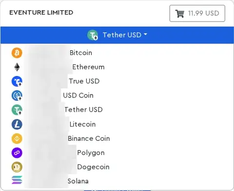 hide.me checkout via CoinPayments: currency list (stablecoins: True USD, USD Coin, Tether USD on Ethereum)