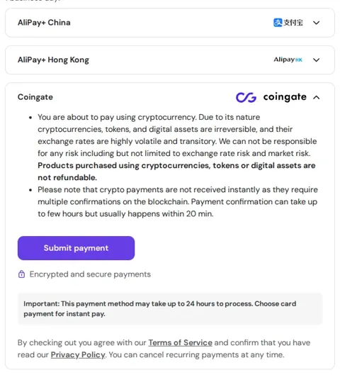 Hostinger checkout: the Coingate payment option and its crypto terms (not refundable, up to 24 h)