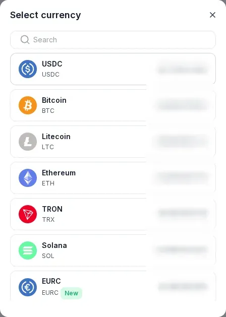 Hostinger checkout via CoinGate: currency list with USDC and EURC (amounts blurred)