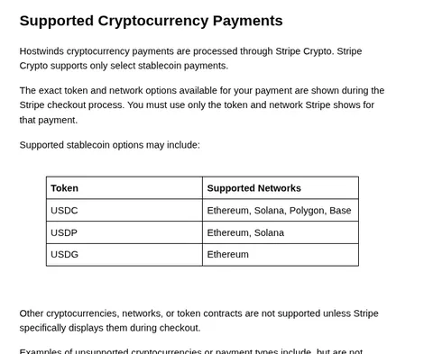 Hostwinds docs: supported stablecoins and networks via Stripe Crypto