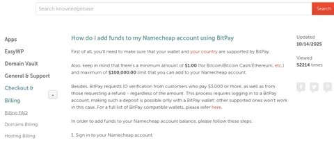 Namecheap help center: adding funds with BitPay (Bitcoin, Bitcoin Cash, Ethereum)