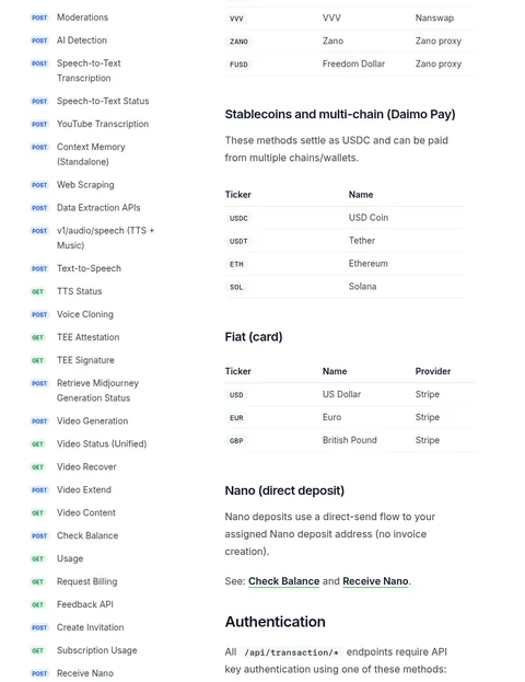 NanoGPT docs: crypto deposits settle as USDC