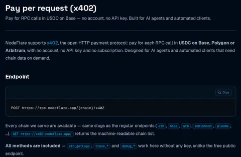 NodeFlare docs: pay per RPC call in USDC on Base, Polygon or Arbitrum (x402)