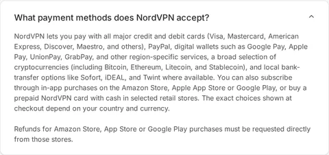 NordVPN pricing FAQ: payment methods