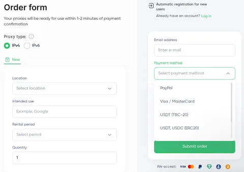 Proxy-Seller order form: payment methods USDT (TRC-20) and USDT, USDC (ERC20)