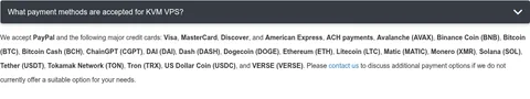 Tether VPS page FAQ: payment methods (lists Tether USDT and USD Coin USDC)