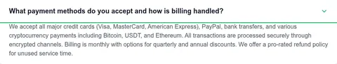 REGXA crypto VPS page FAQ: payment methods answer naming USDT