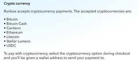 Runbox pricing page FAQ: accepted cryptocurrencies including USDC