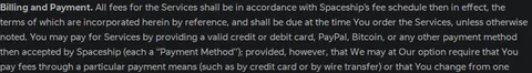 Universal Terms of Service — Billing and Payment: credit or debit card, PayPal, Bitcoin