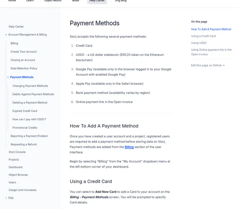 Payment options on storj.dev