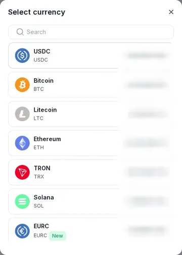 Surfshark checkout via CoinGate: currency list with USDC and EURC (amounts blurred)