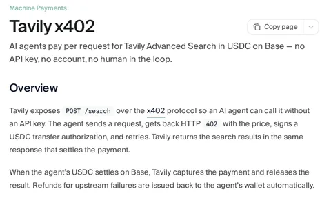 Tavily docs, x402 page: pay per request in USDC on Base